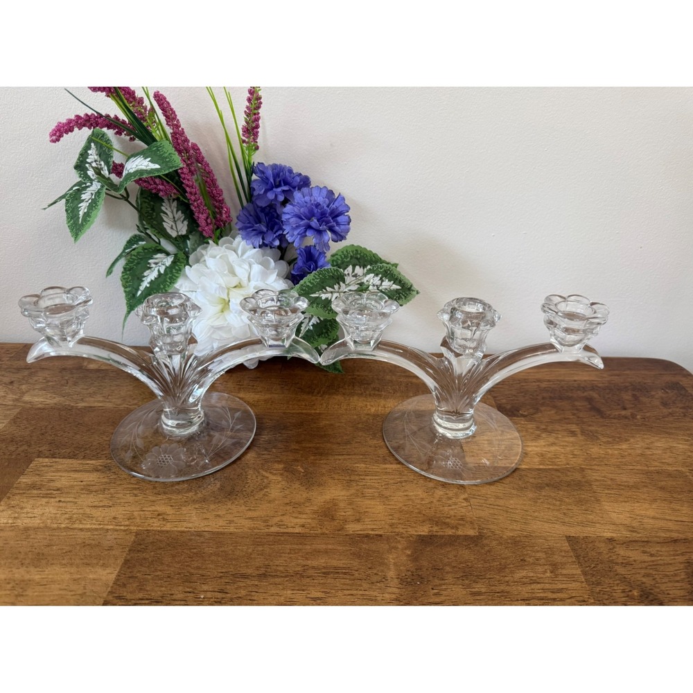 Etched‎ Cornflower Likely W.J. Hughes Glass Triple Candle Holders Pair
